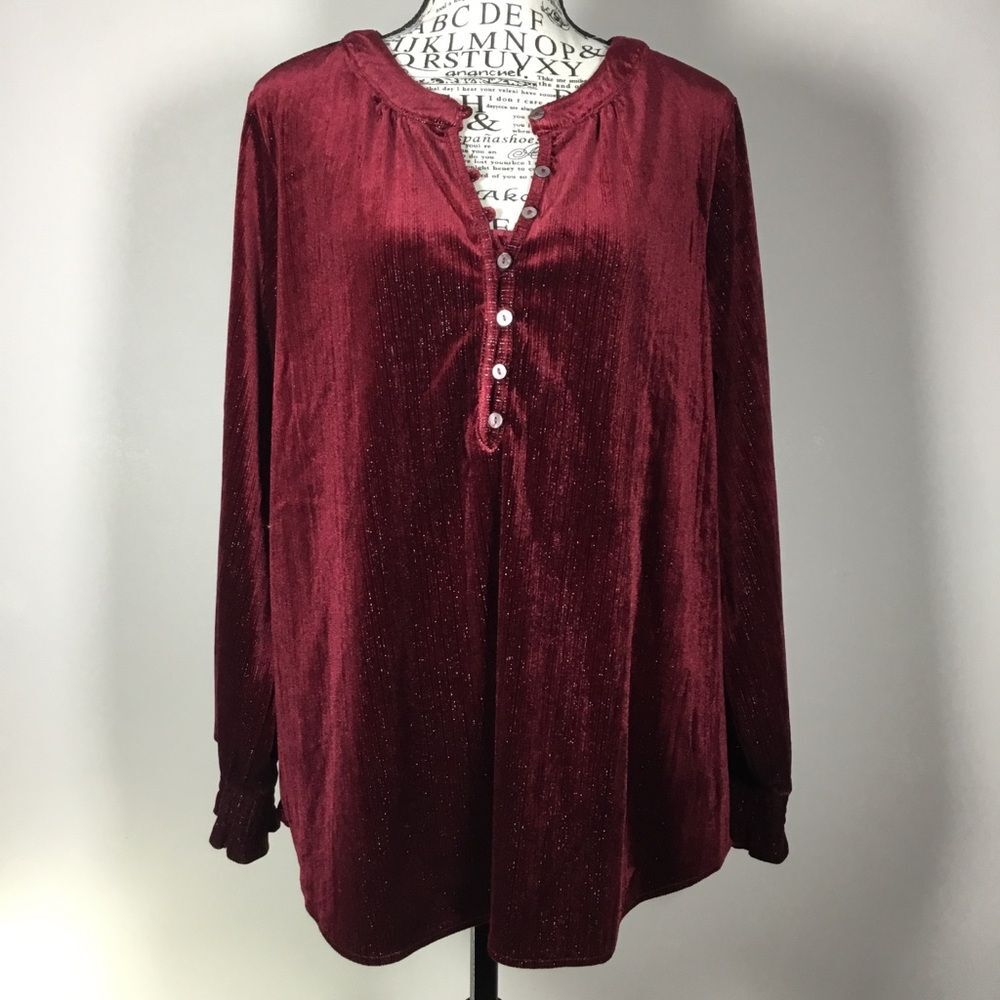 Burgundy red silver tone strands velvet tunic top with buttons witchy size M
